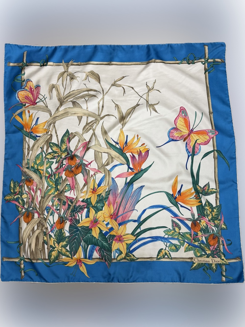 Vintage Christian Dior Silk Carré 90 Scarf Butterfly Botanical Print
